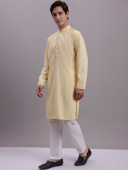 Jompers Men's Yellow Chikankari Embroidered and Sequence Kurta with Pyjama