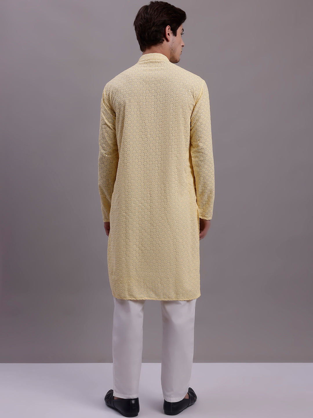 Jompers Men's Yellow Chikankari Embroidered and Sequence Kurta with Pyjama