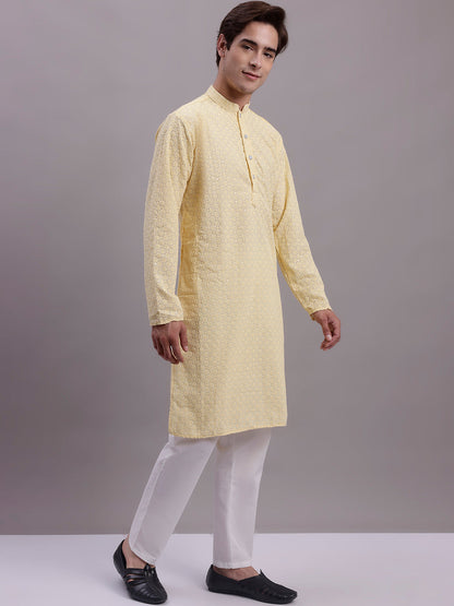 Jompers Men's Yellow Chikankari Embroidered and Sequence Kurta with Pyjama