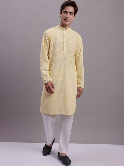 Jompers Men's Yellow Chikankari Embroidered and Sequence Kurta with Pyjama