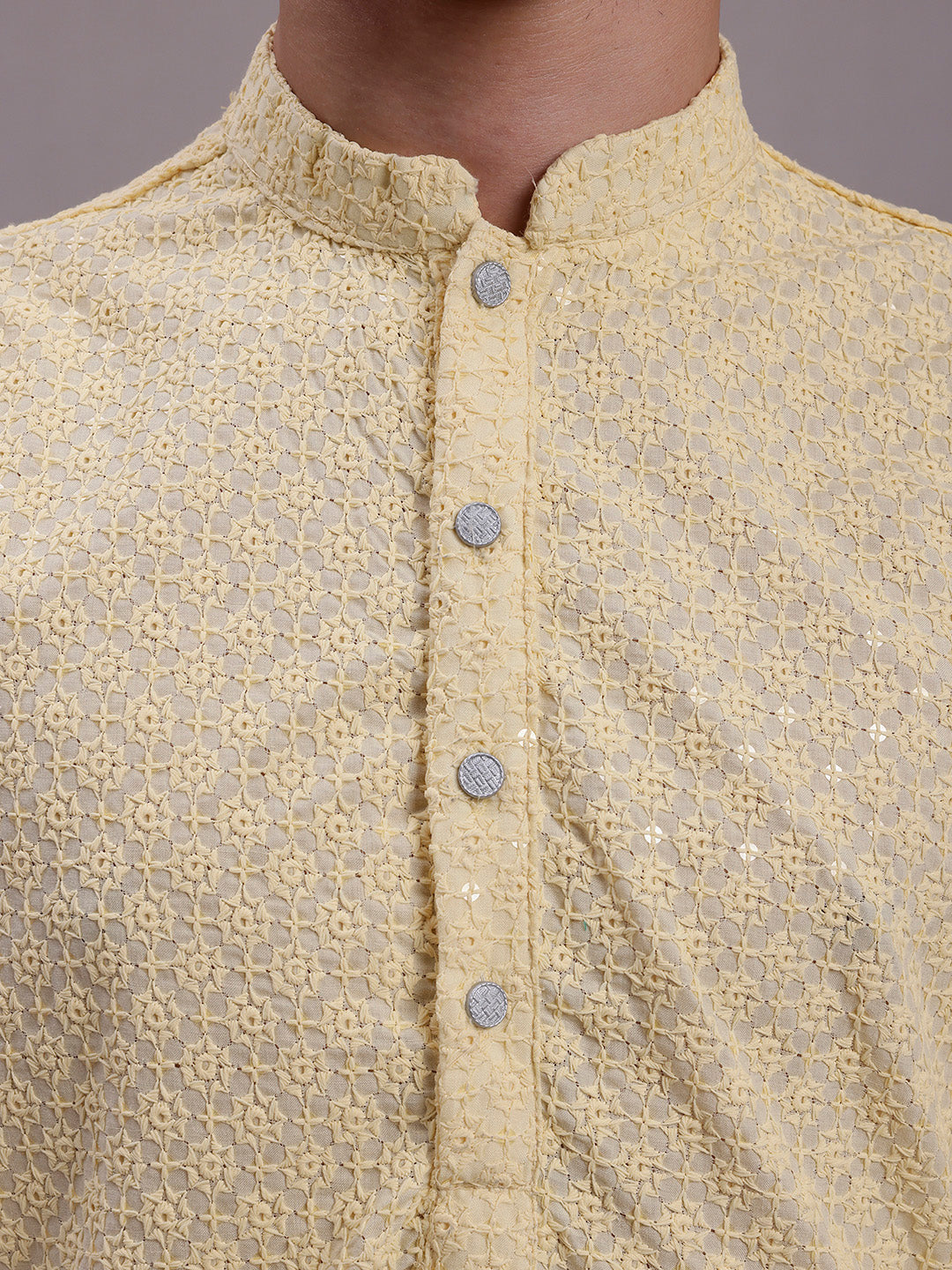 Jompers Men's Yellow Chikankari Embroidered and Sequence Kurta with Pyjama