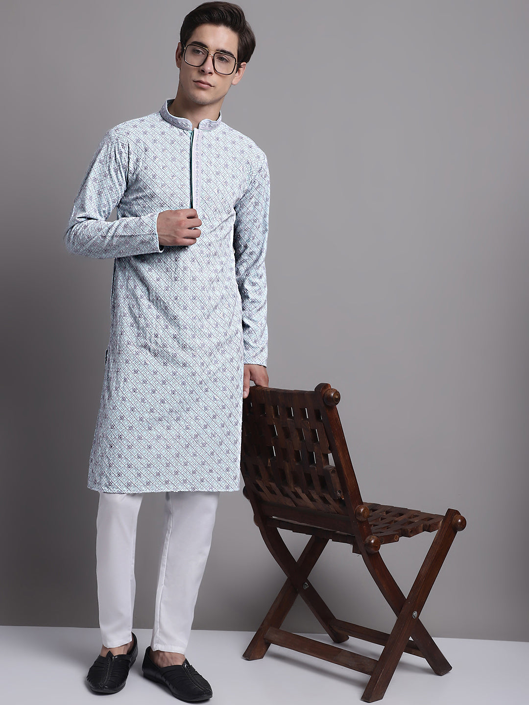 Jompers Men's Blue Chikankari Embroidered and Sequence Kurta with Pyjama