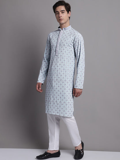 Jompers Men's Blue Chikankari Embroidered and Sequence Kurta with Pyjama