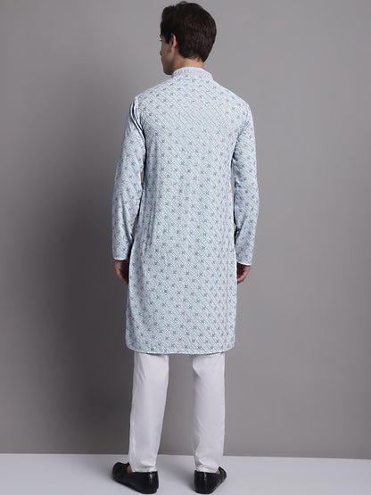 Jompers Men's Blue Chikankari Embroidered and Sequence Kurta with Pyjama