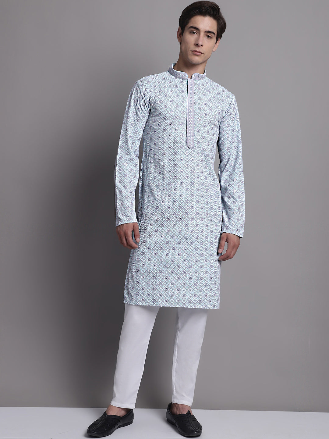Jompers Men's Blue Chikankari Embroidered and Sequence Kurta with Pyjama
