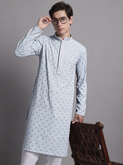 Jompers Men's Blue Chikankari Embroidered and Sequence Kurta with Pyjama
