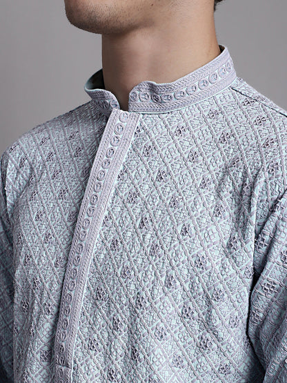 Jompers Men's Blue Chikankari Embroidered and Sequence Kurta with Pyjama