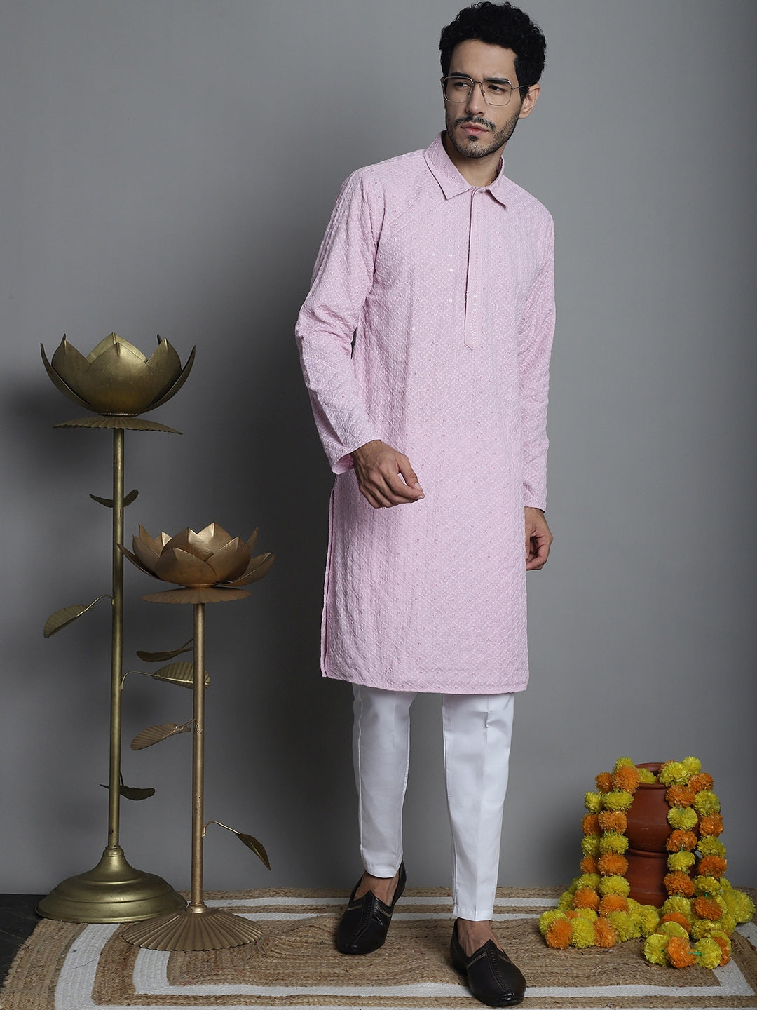 Jompers Men's Chikankari Embroidered and Sequence Kurta with Pyjama - Magenta