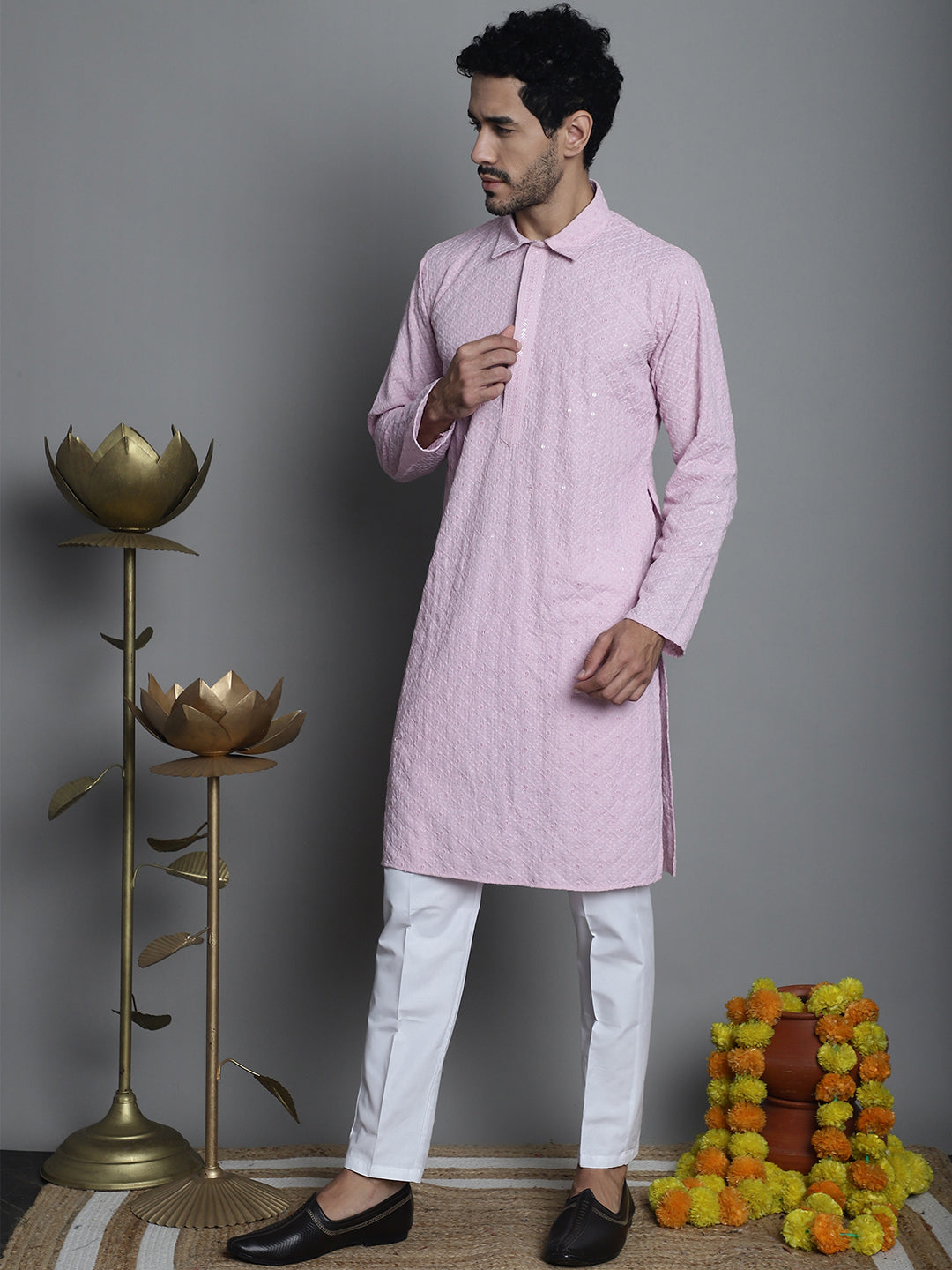 Jompers Men's Chikankari Embroidered and Sequence Kurta with Pyjama - Magenta