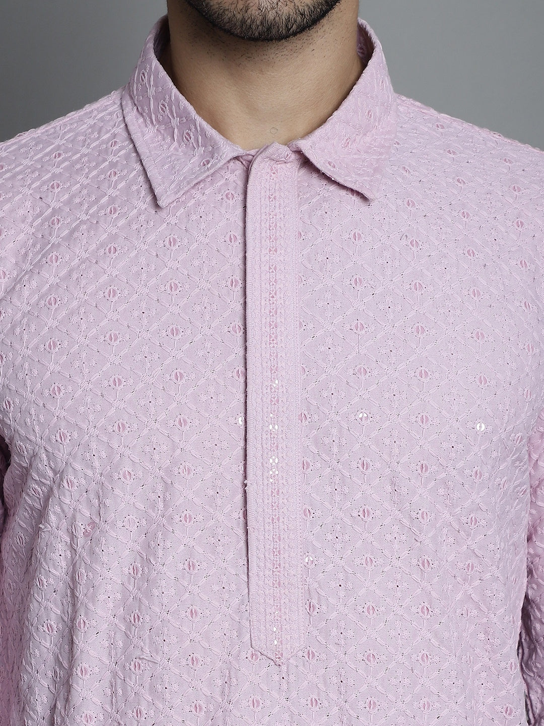 Jompers Men's Chikankari Embroidered and Sequence Kurta with Pyjama - Magenta