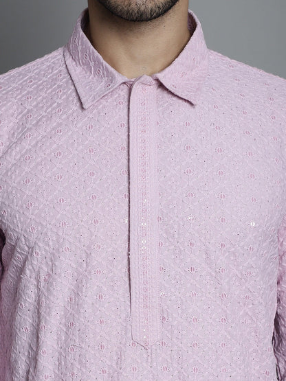 Jompers Men's Chikankari Embroidered and Sequence Kurta with Pyjama - Magenta