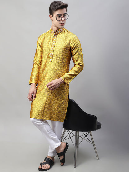Jompers Men's Mustard Collar Embroidered Silk Jacquard Kurta Pyjama