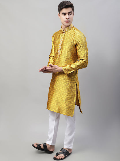 Jompers Men's Mustard Collar Embroidered Silk Jacquard Kurta Pyjama