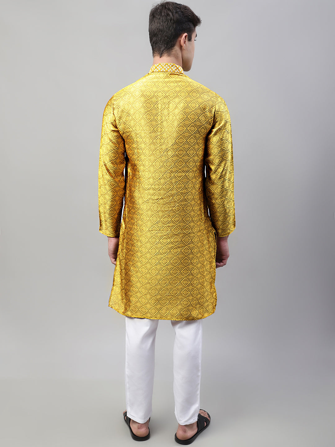 Jompers Men's Mustard Collar Embroidered Silk Jacquard Kurta Pyjama
