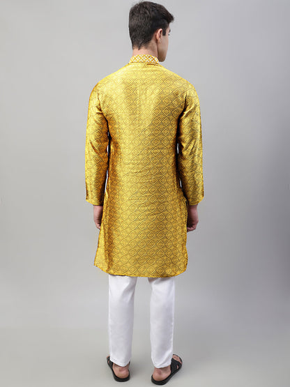 Jompers Men's Mustard Collar Embroidered Silk Jacquard Kurta Pyjama