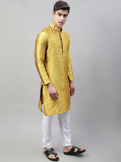 Jompers Men's Mustard Collar Embroidered Silk Jacquard Kurta Pyjama