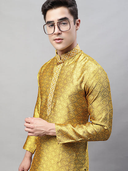 Jompers Men's Mustard Collar Embroidered Silk Jacquard Kurta Pyjama