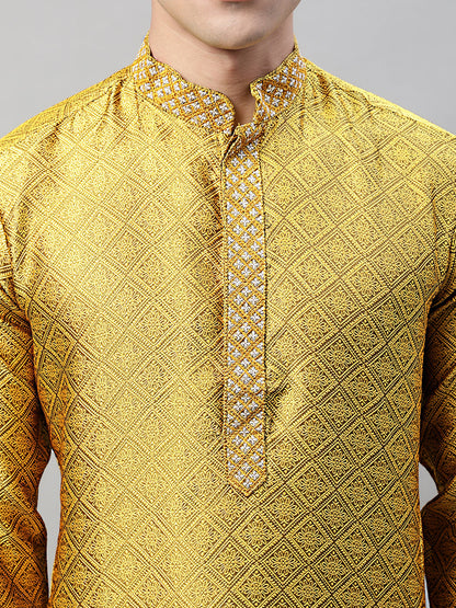 Jompers Men's Mustard Collar Embroidered Silk Jacquard Kurta Pyjama