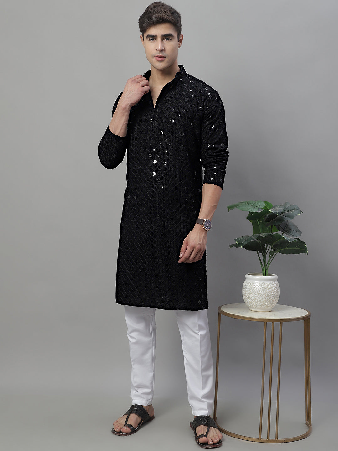 Jompers Men's Black Chikankari Embroidered and Sequence Kurta with Pyjama