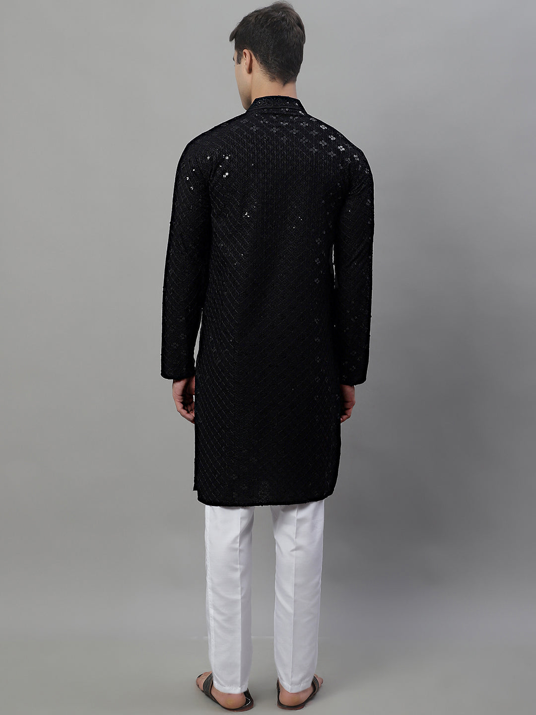 Jompers Men's Black Chikankari Embroidered and Sequence Kurta with Pyjama