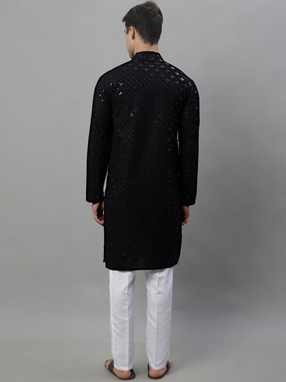 Jompers Men's Black Chikankari Embroidered and Sequence Kurta with Pyjama