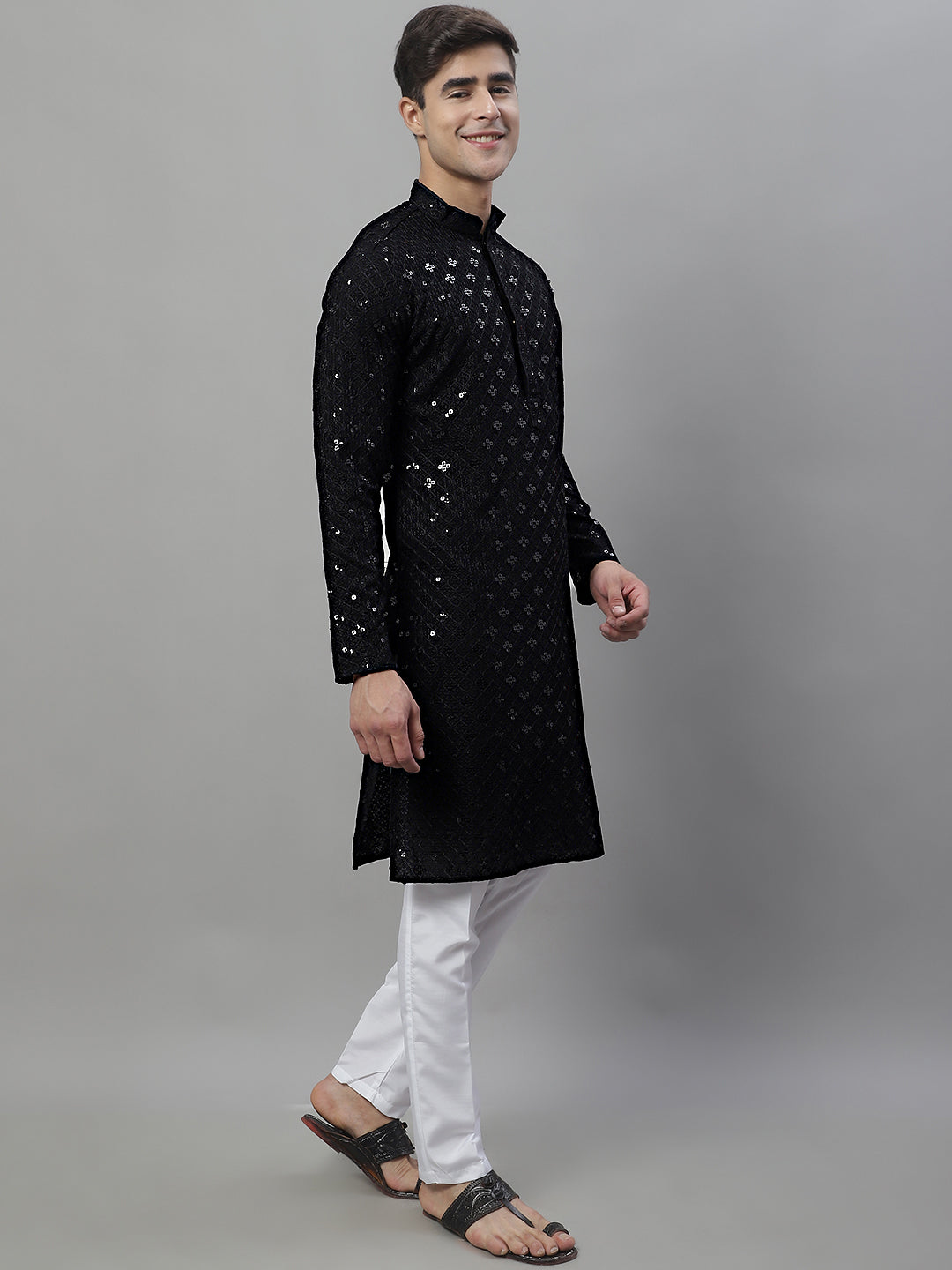 Jompers Men's Black Chikankari Embroidered and Sequence Kurta with Pyjama