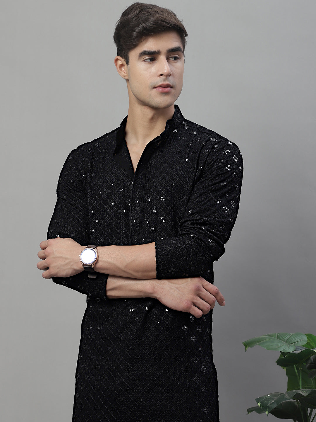 Jompers Men's Black Chikankari Embroidered and Sequence Kurta with Pyjama