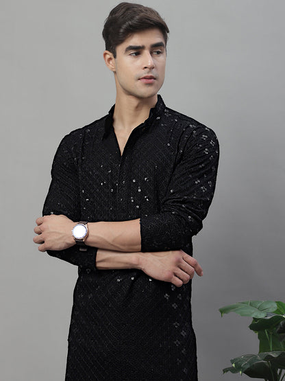 Jompers Men's Black Chikankari Embroidered and Sequence Kurta with Pyjama
