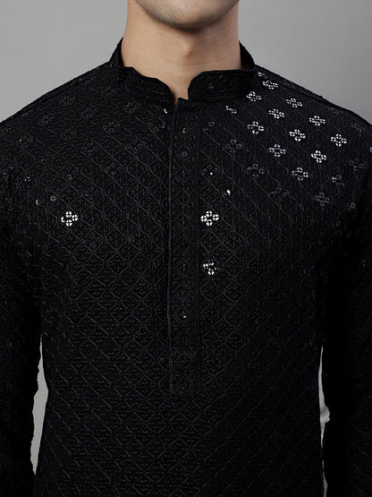 Jompers Men's Black Chikankari Embroidered and Sequence Kurta with Pyjama