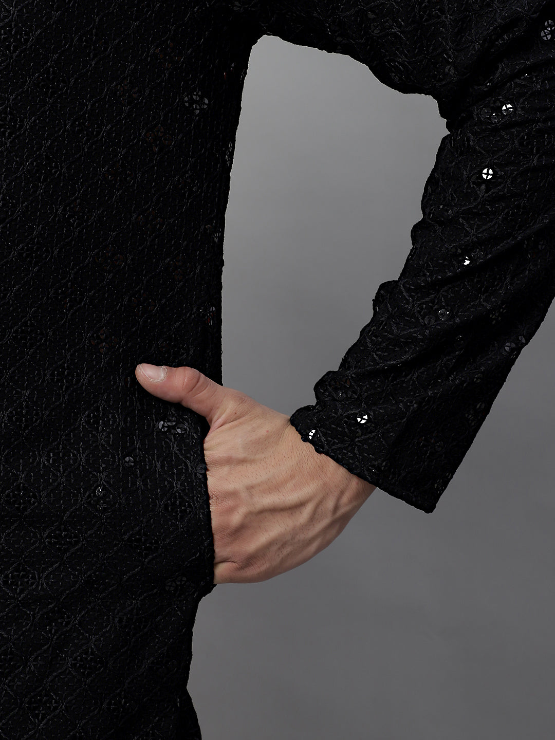 Jompers Men's Black Chikankari Embroidered and Sequence Kurta with Pyjama