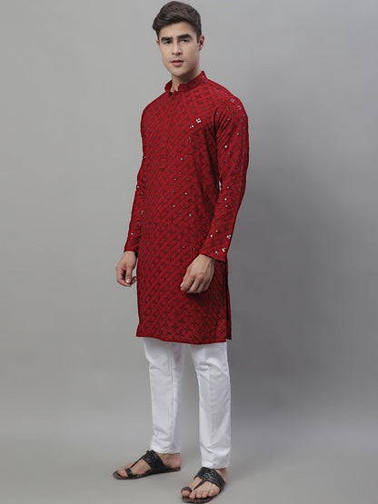 Jompers Men's Maroon Chikankari Embroidered and Sequence Kurta with Pyjama