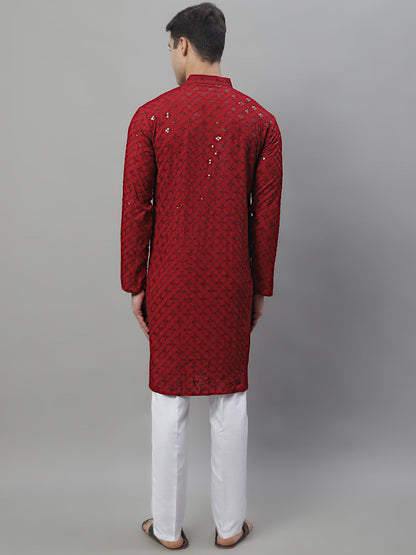 Jompers Men's Maroon Chikankari Embroidered and Sequence Kurta with Pyjama