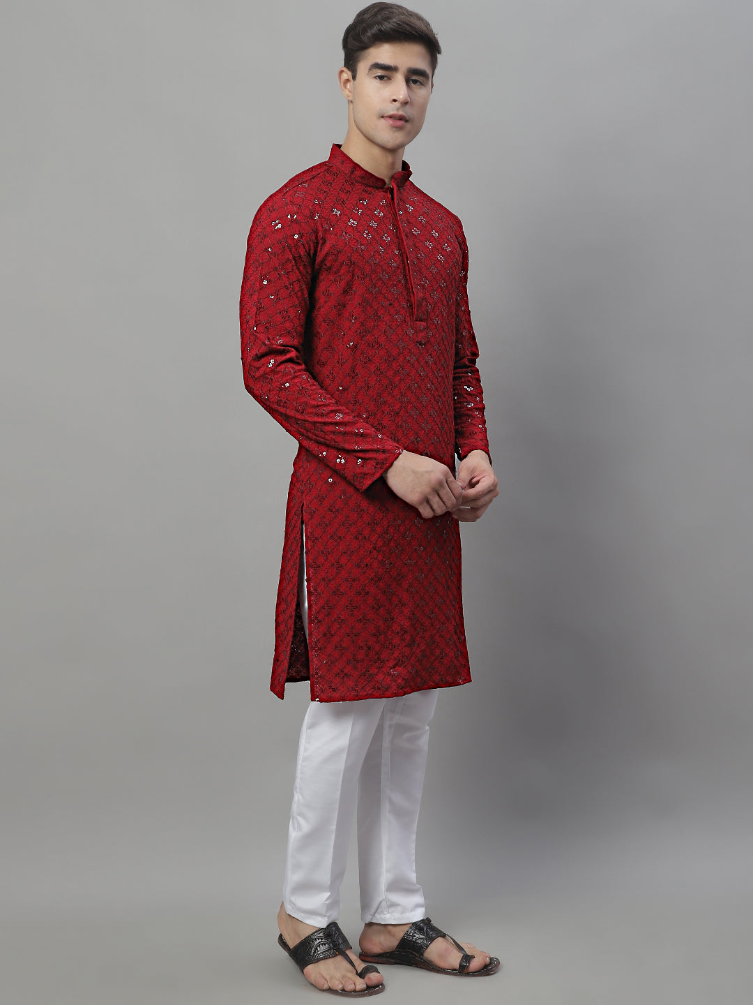Jompers Men's Maroon Chikankari Embroidered and Sequence Kurta with Pyjama