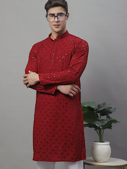 Jompers Men's Maroon Chikankari Embroidered and Sequence Kurta with Pyjama
