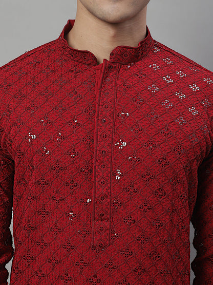 Jompers Men's Maroon Chikankari Embroidered and Sequence Kurta with Pyjama