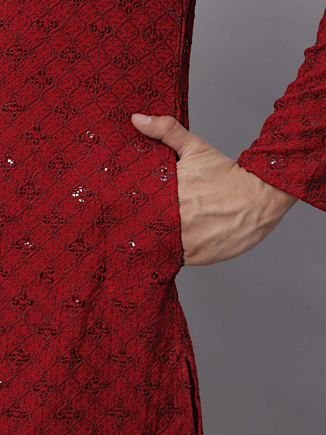 Jompers Men's Maroon Chikankari Embroidered and Sequence Kurta with Pyjama