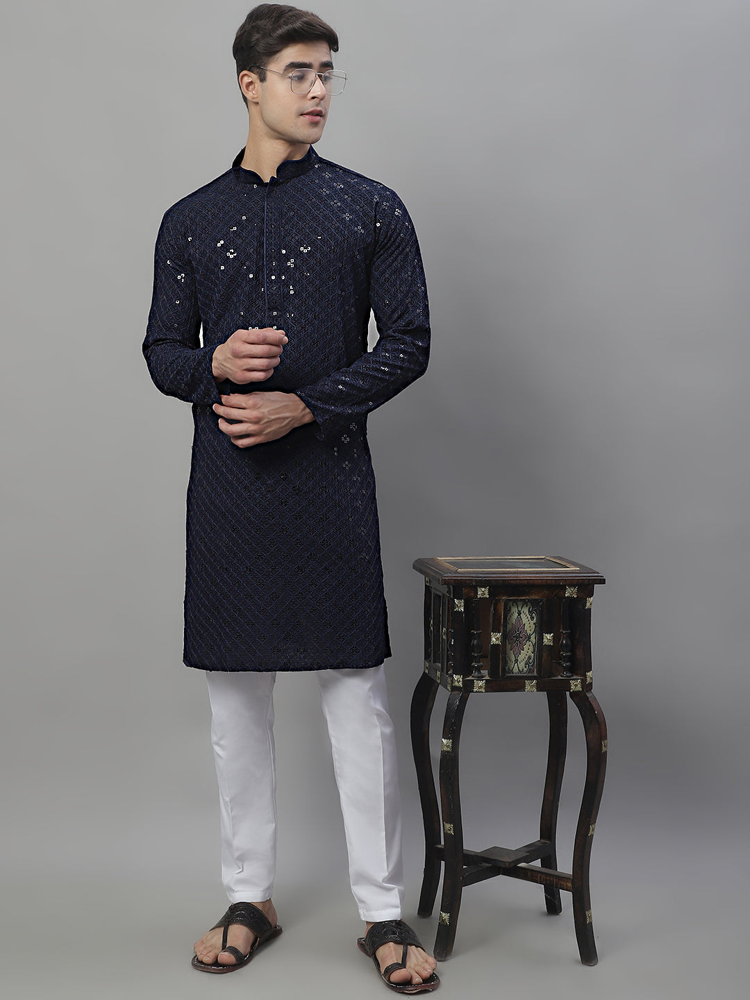 Jompers Men's Navy Blue Chikankari Embroidered and Sequence Kurta with Pyjama