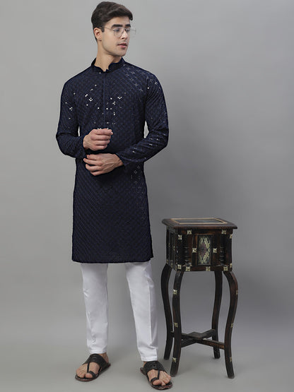 Jompers Men's Navy Blue Chikankari Embroidered and Sequence Kurta with Pyjama