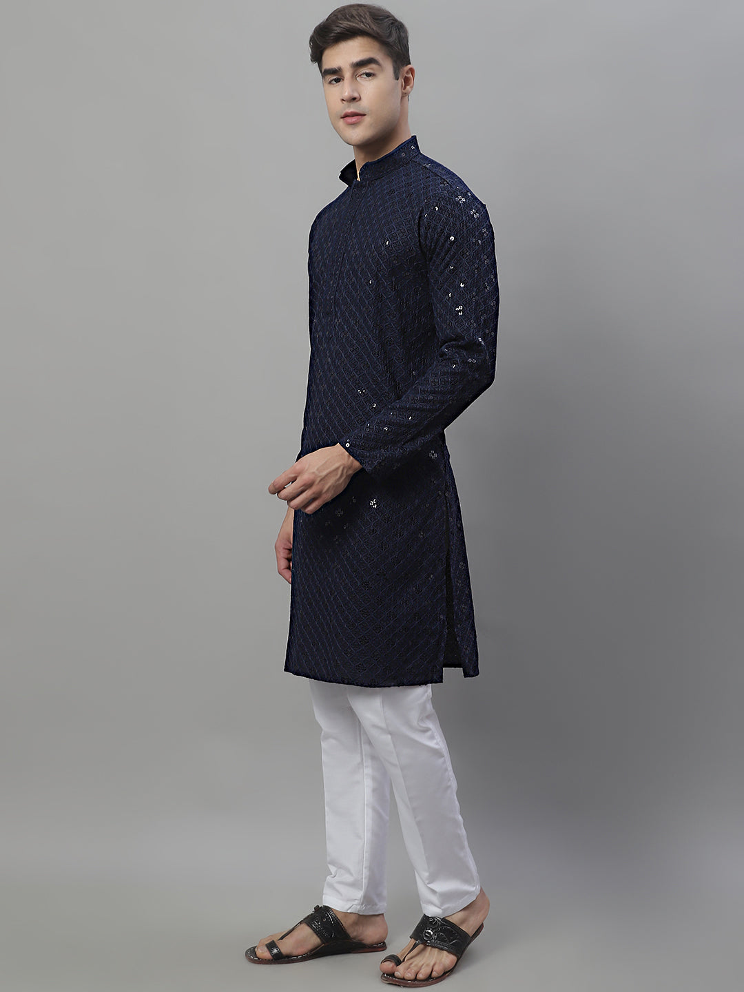 Jompers Men's Navy Blue Chikankari Embroidered and Sequence Kurta with Pyjama