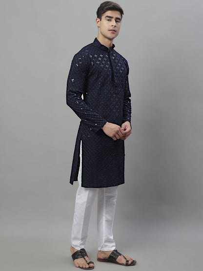Jompers Men's Navy Blue Chikankari Embroidered and Sequence Kurta with Pyjama