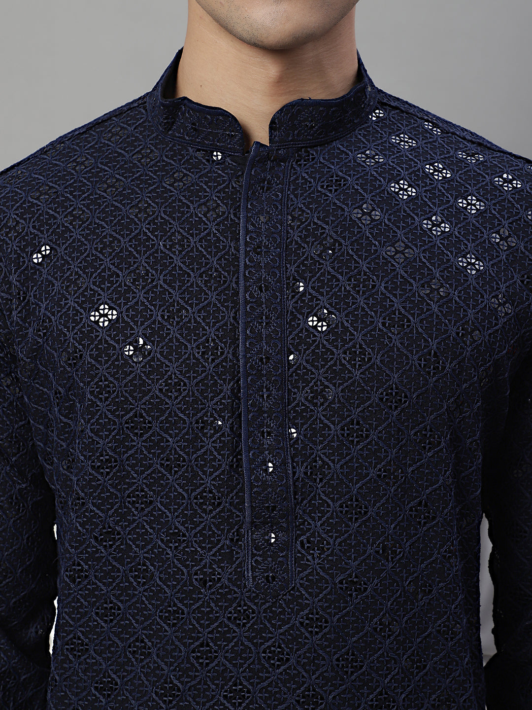 Jompers Men's Navy Blue Chikankari Embroidered and Sequence Kurta with Pyjama