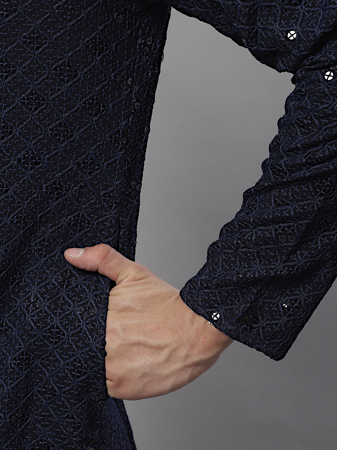 Jompers Men's Navy Blue Chikankari Embroidered and Sequence Kurta with Pyjama