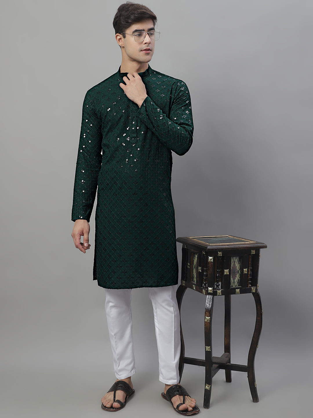 Jompers Men's Olive Green Chikankari Embroidered and Sequence Kurta with Pyjama