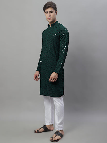 Jompers Men's Olive Green Chikankari Embroidered and Sequence Kurta with Pyjama