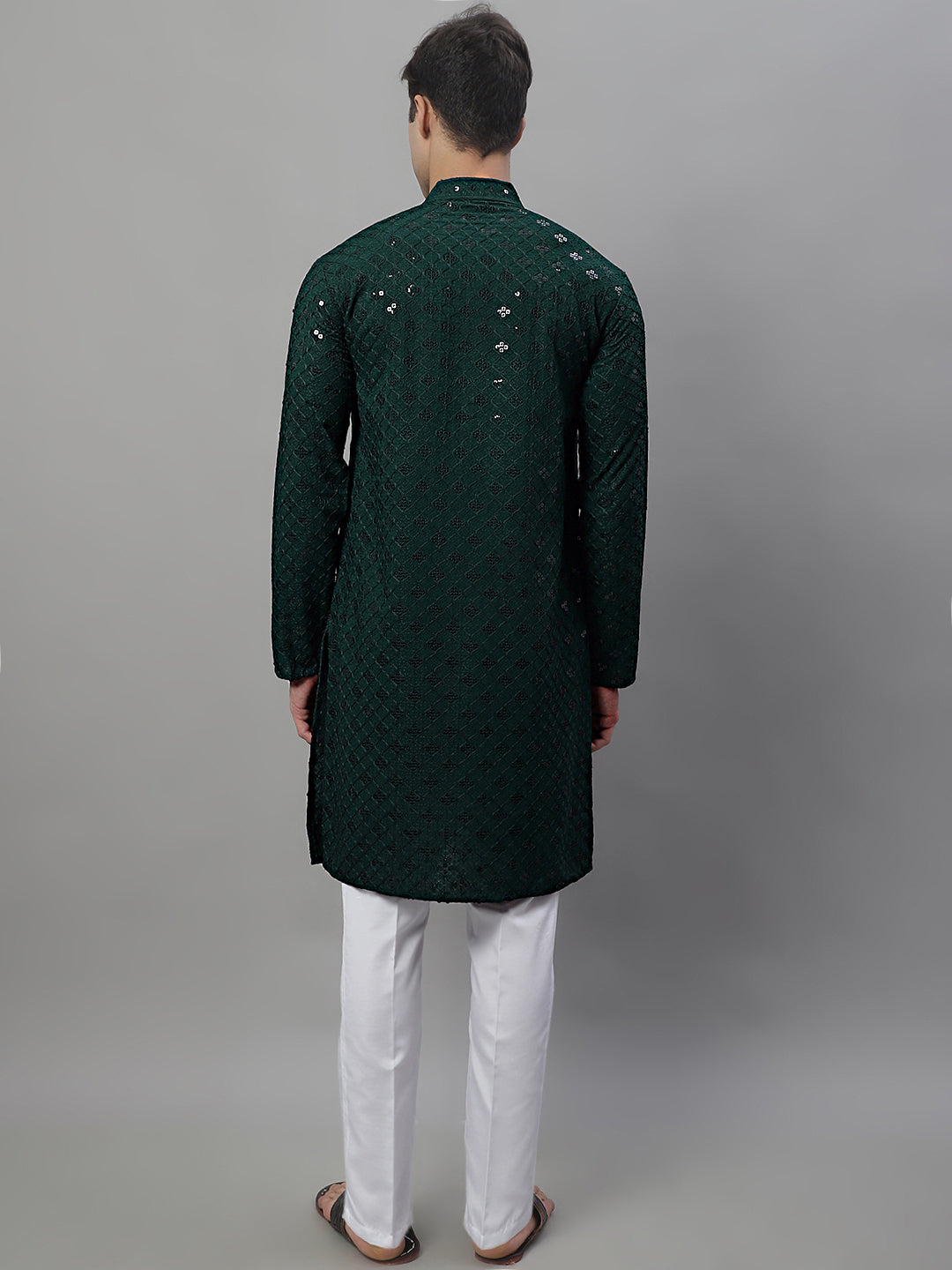 Jompers Men's Olive Green Chikankari Embroidered and Sequence Kurta with Pyjama