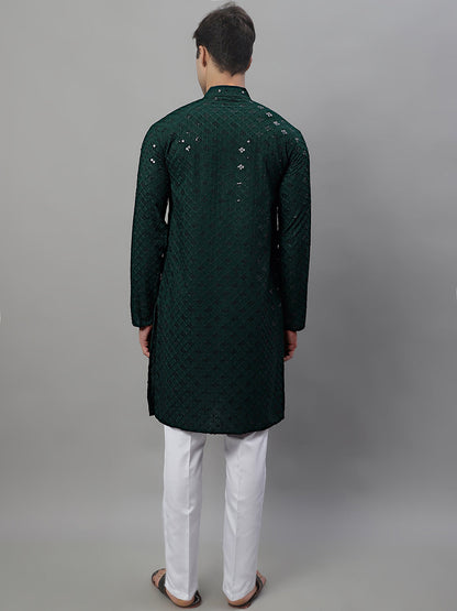 Jompers Men's Olive Green Chikankari Embroidered and Sequence Kurta with Pyjama