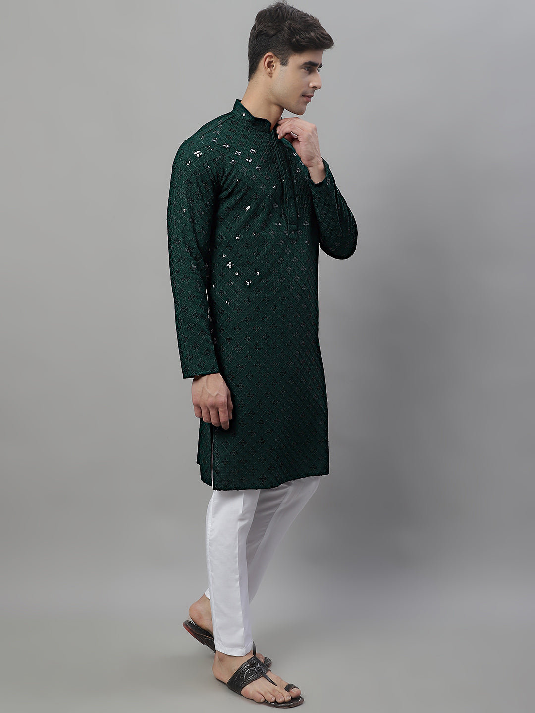 Jompers Men's Olive Green Chikankari Embroidered and Sequence Kurta with Pyjama
