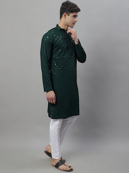 Jompers Men's Olive Green Chikankari Embroidered and Sequence Kurta with Pyjama