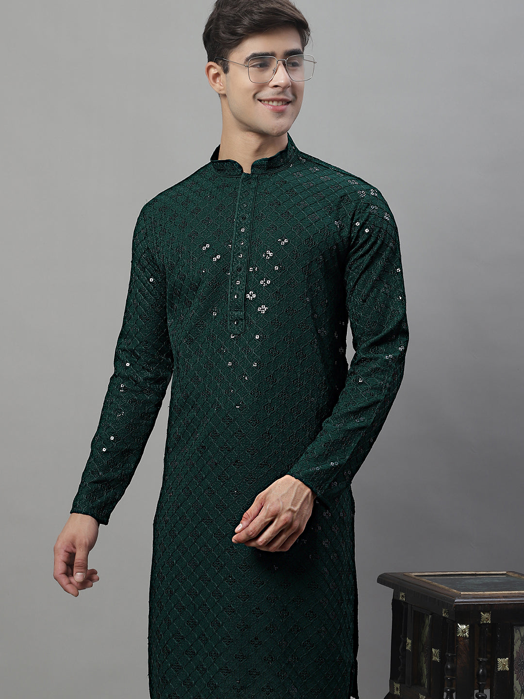 Jompers Men's Olive Green Chikankari Embroidered and Sequence Kurta with Pyjama