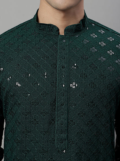 Jompers Men's Olive Green Chikankari Embroidered and Sequence Kurta with Pyjama